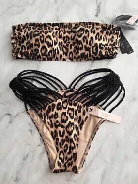 Victoria's Secret Swim Nwt Leopard Macrame Bandeau Top Brazilian BikinI Set S
